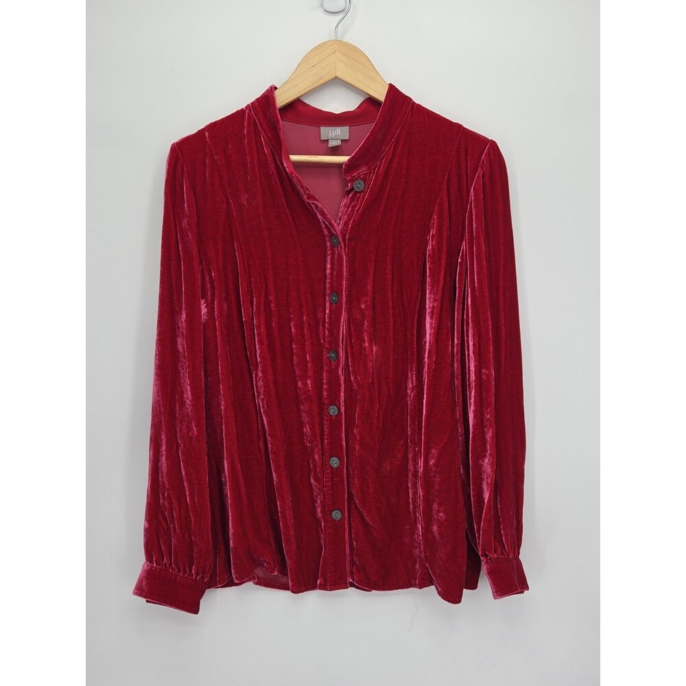 J Jill Red Liquid Velvet Button Front Blouse Silk Blend Long Sleeves Size Medium